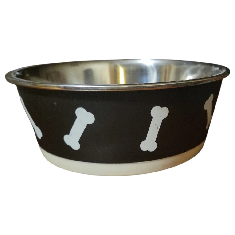 NWT Vibrant Life Dog Cat Pet Dish Bowl Black White Bones Stainless 48 fl oz